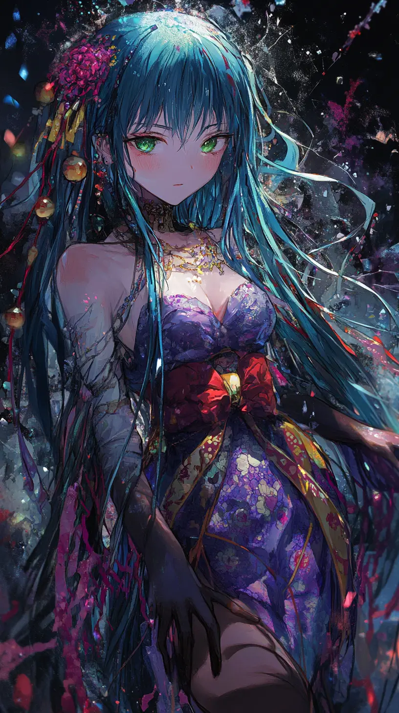 長い青髪と紫の花柄衣装のアニメ少女