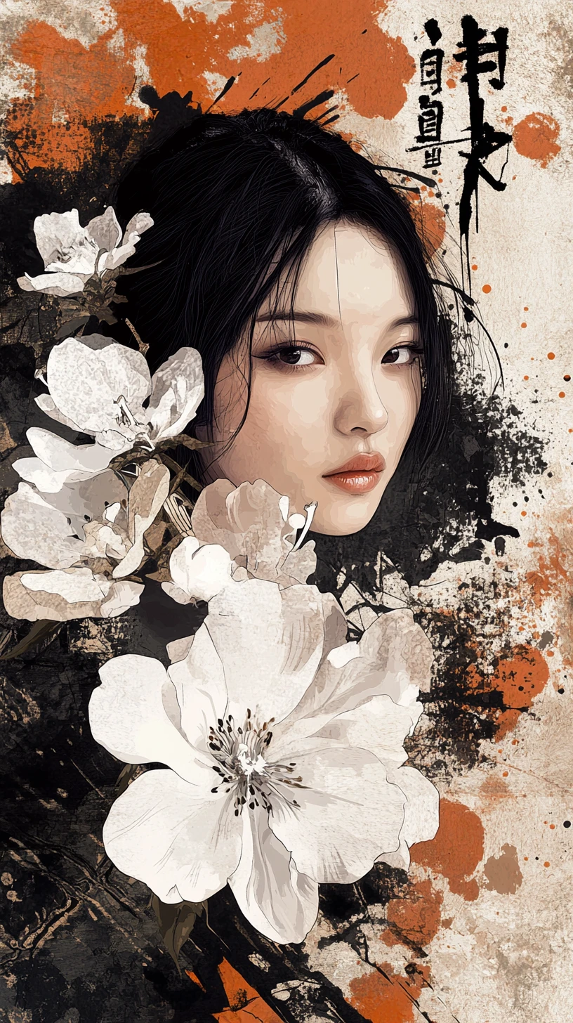 Portrait de femme d'Asie de l'Est avec fleurs blanches et art à l'encre
