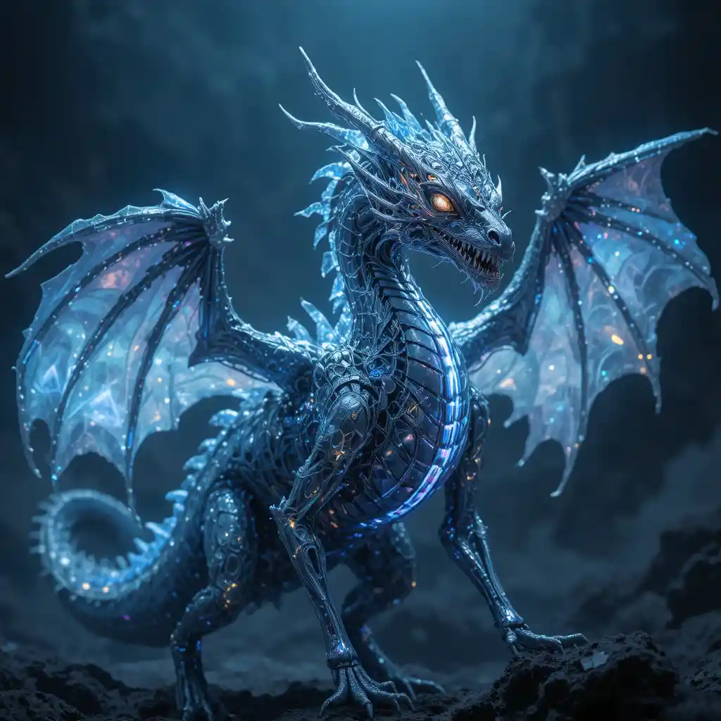 Bio mechanical dragon with glowing crystal veins and energy wings