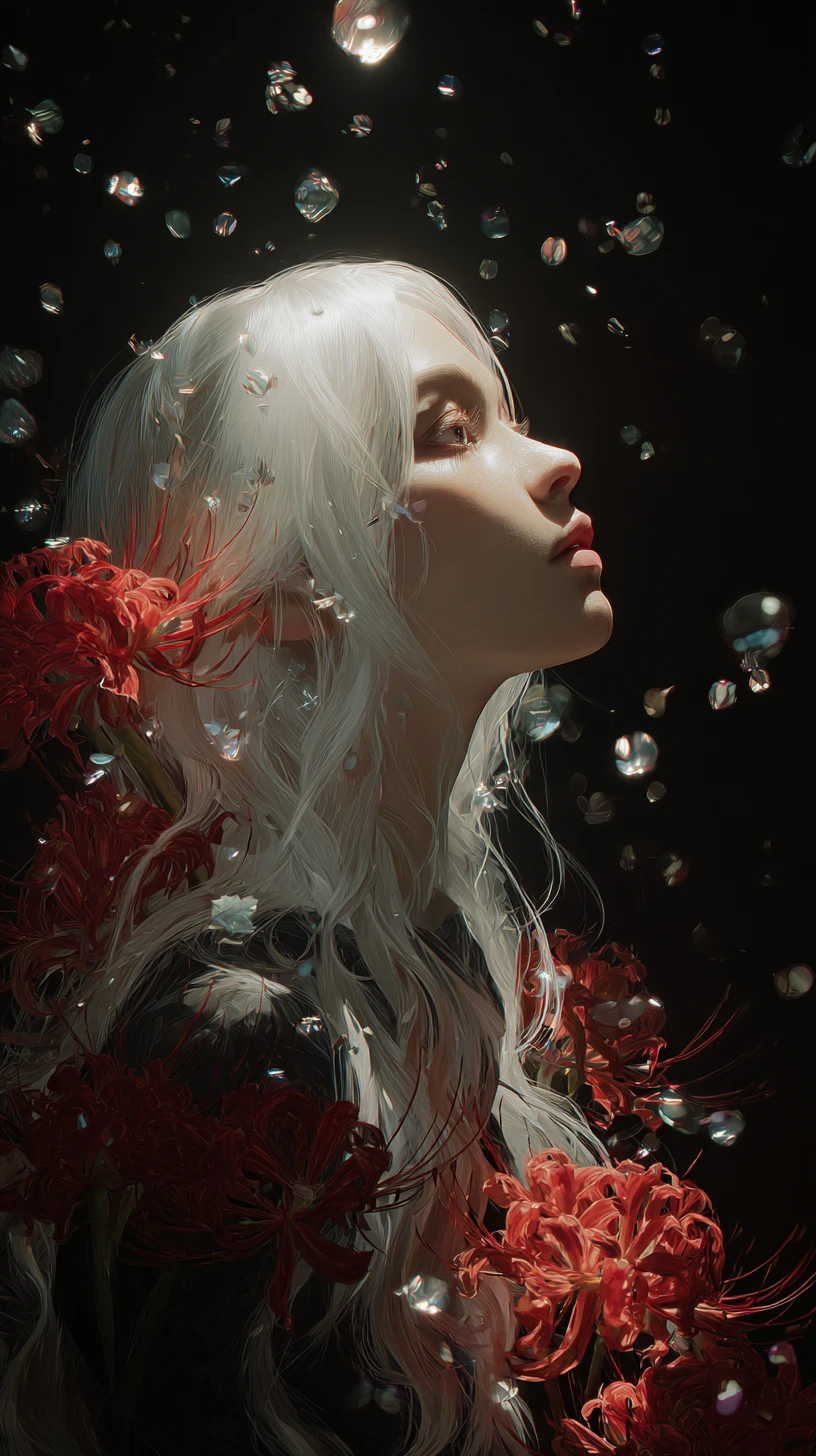 Ethereal girl with white hair and red spider lilies