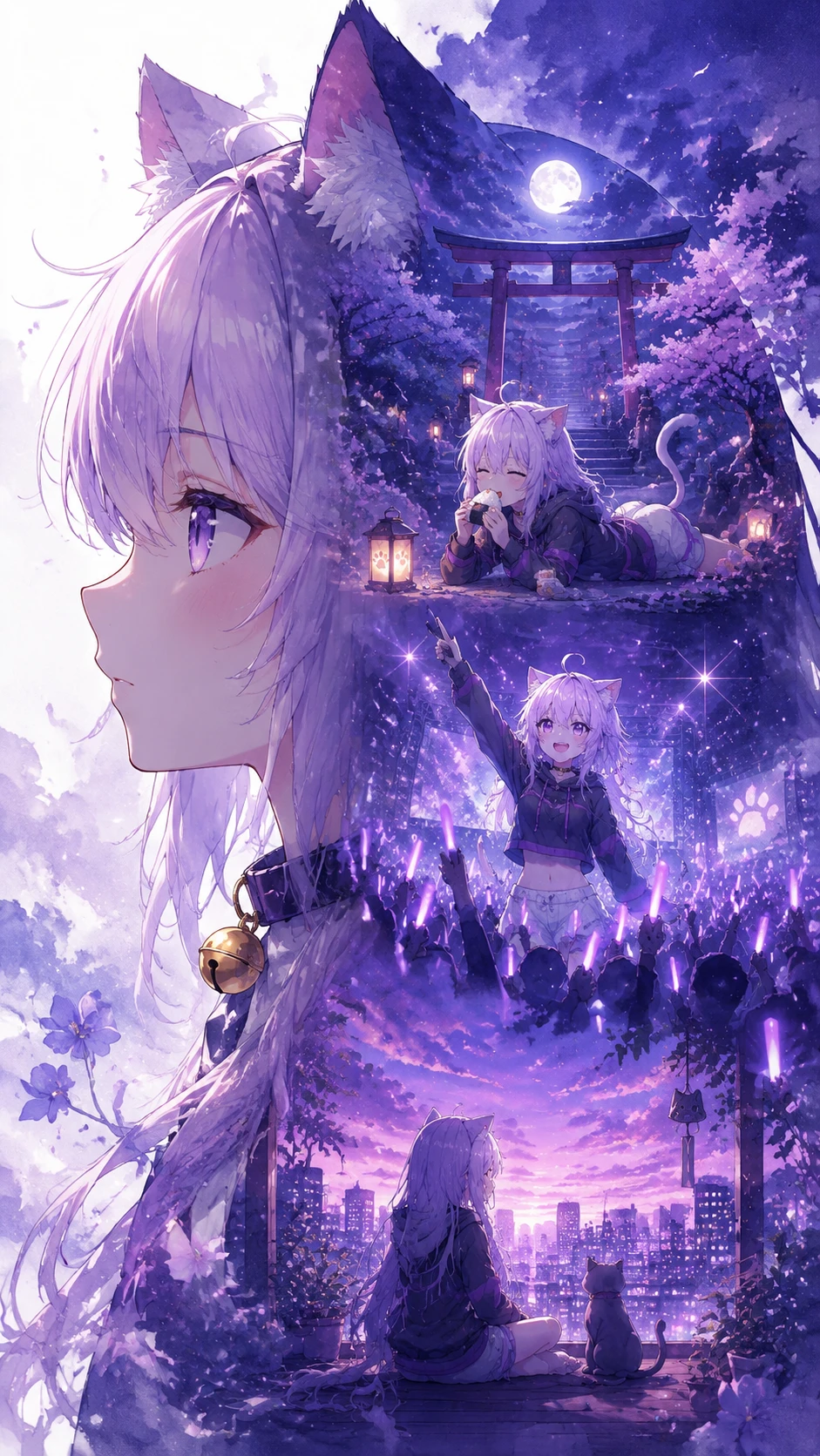 Anime cat girl close up in dreamy purple profile