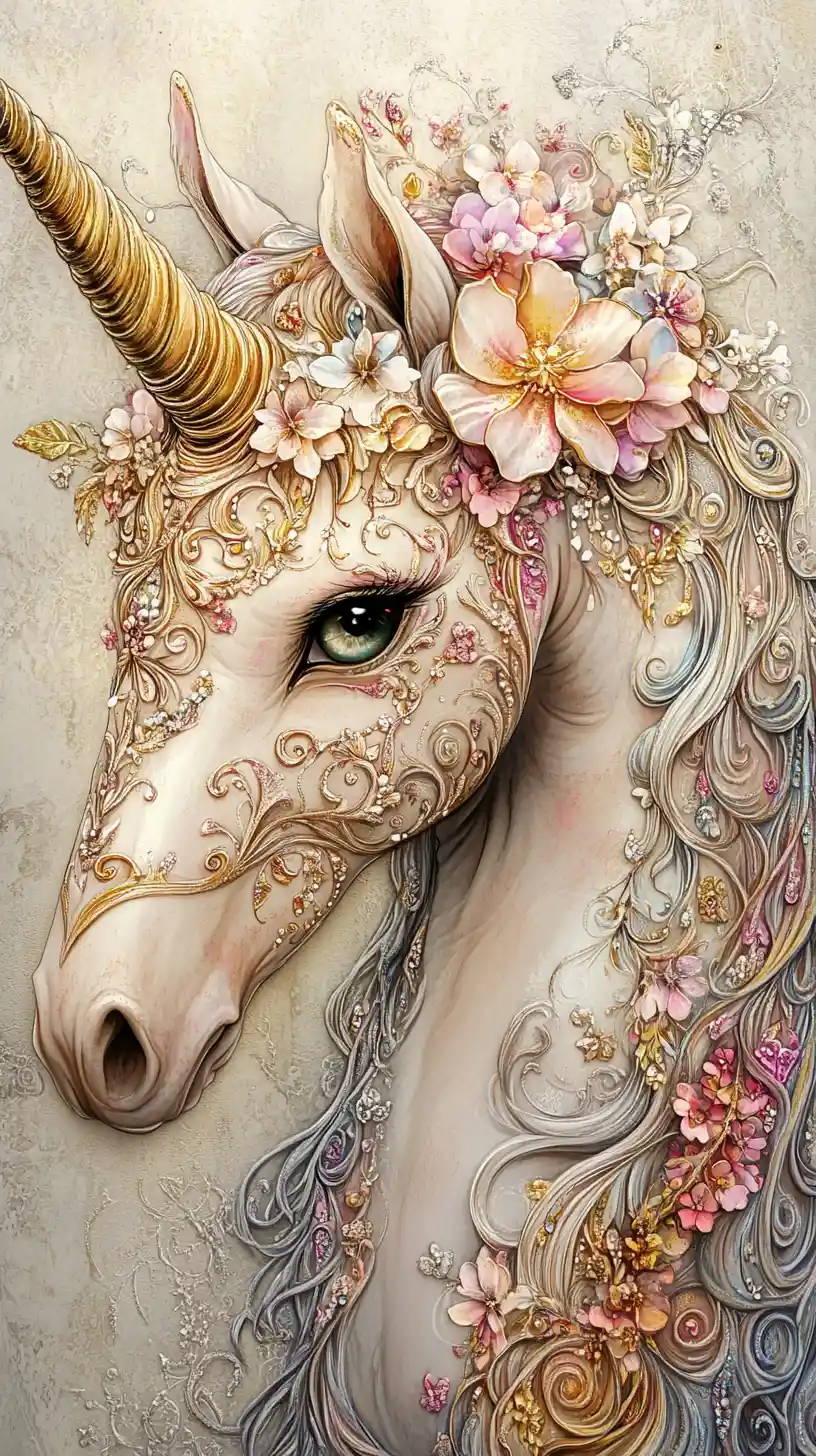 Illuminated unicorn wrapped in medieval floral manuscript motifs
