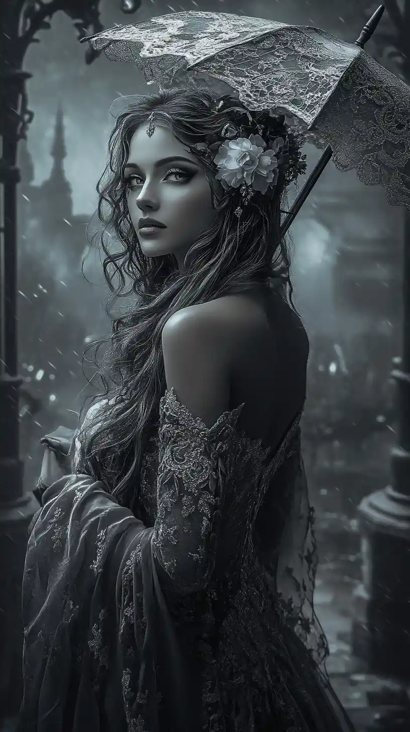 Gothic woman with parasol in misty ruined garden