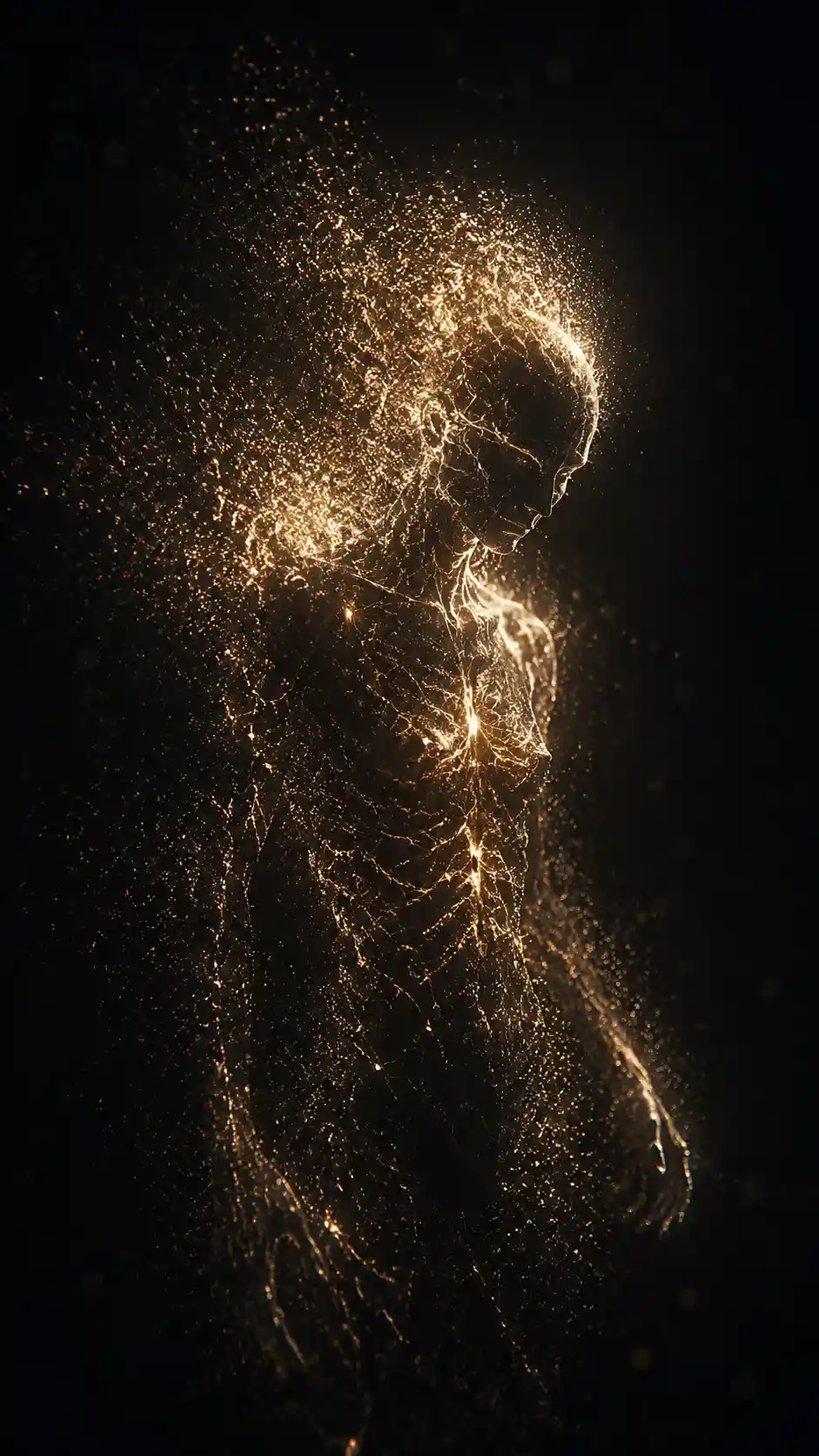 Creature dissolving into suspended particles of light in void
