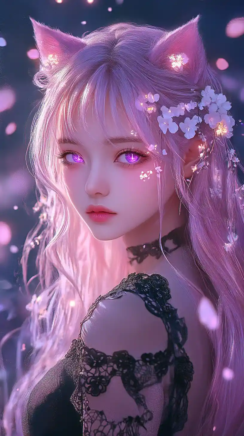 Anime girl with glowing pink hair and purple eyes