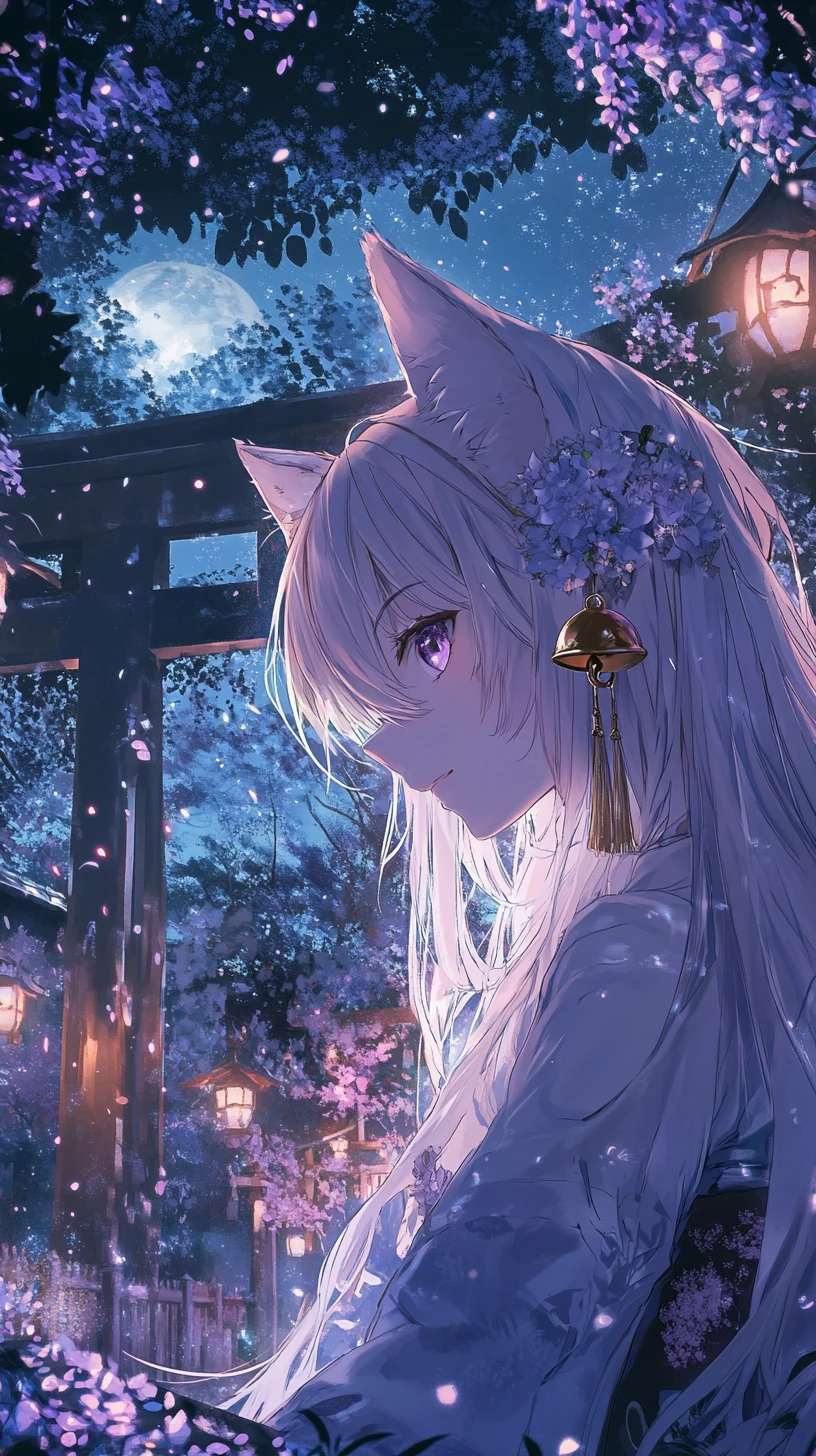 Close up anime cat girl portrait in soft moonlight