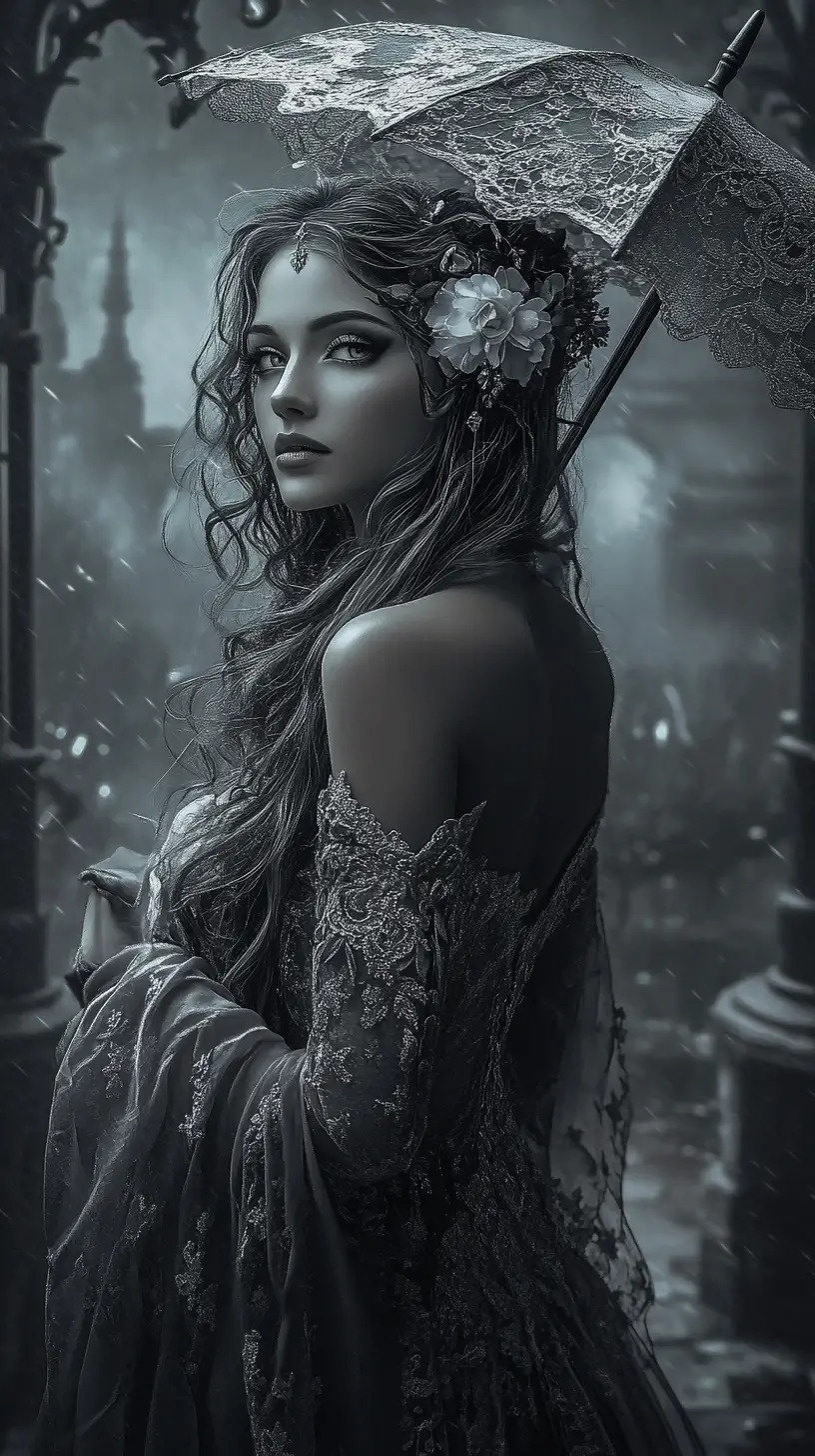 Gothic woman with parasol in misty ruined garden
