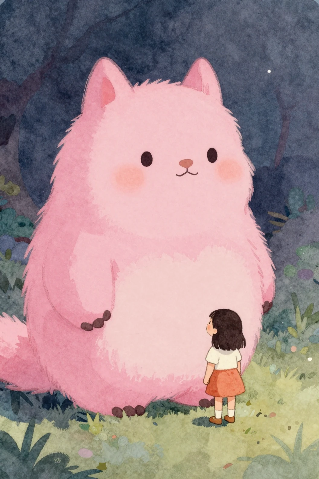 巨大なふわふわのピンクの生き物と少女のイラスト