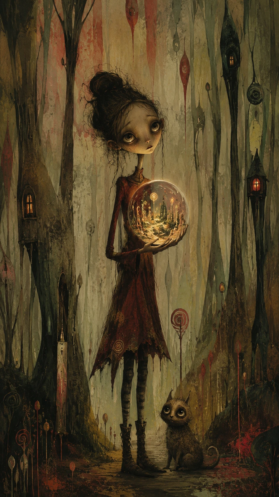 Surreal woman with glowing world orb in textured forest