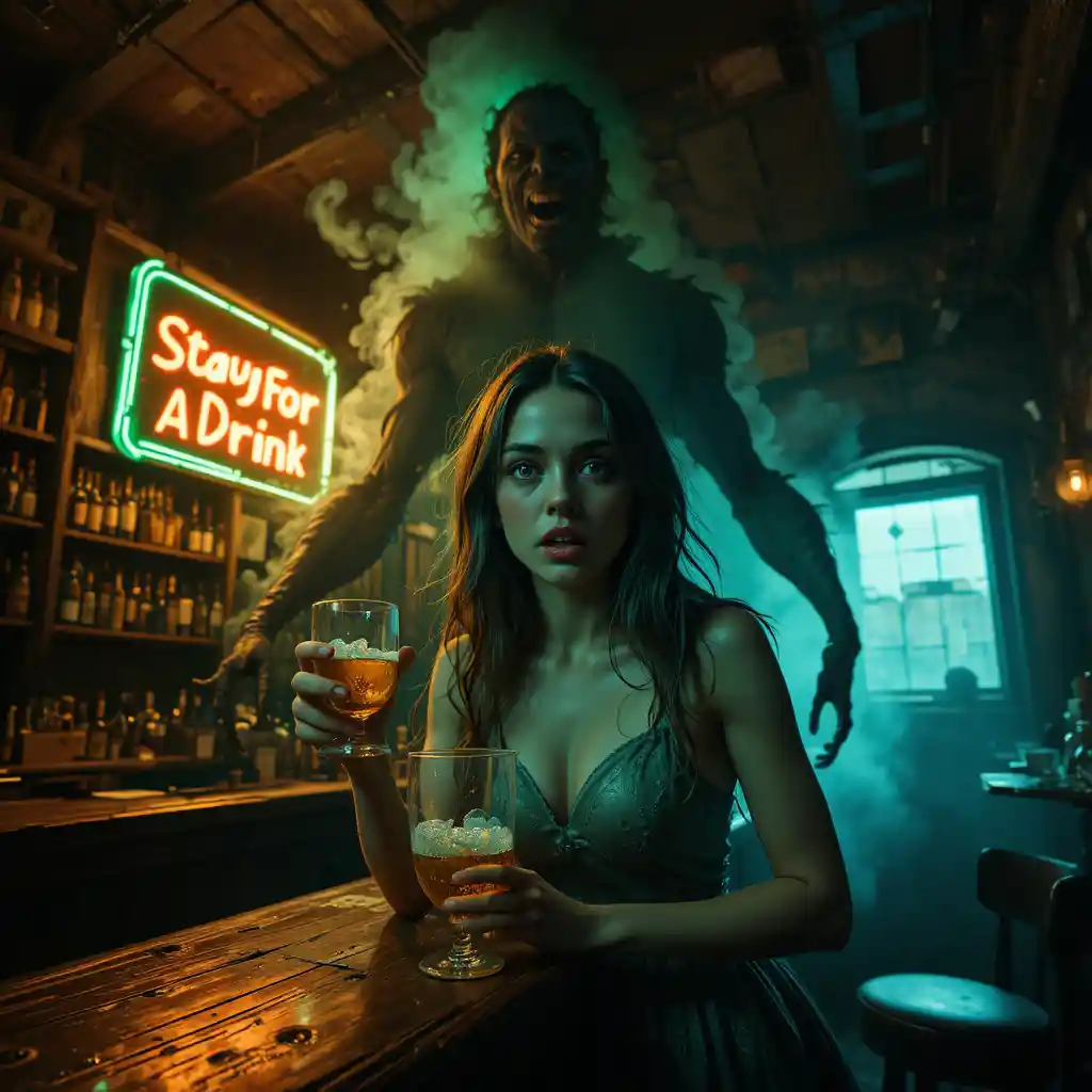 Terrified woman at a neon lit bar with looming monster