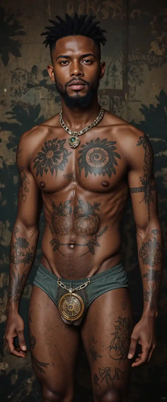 African man in tanga bikini with body tattoos