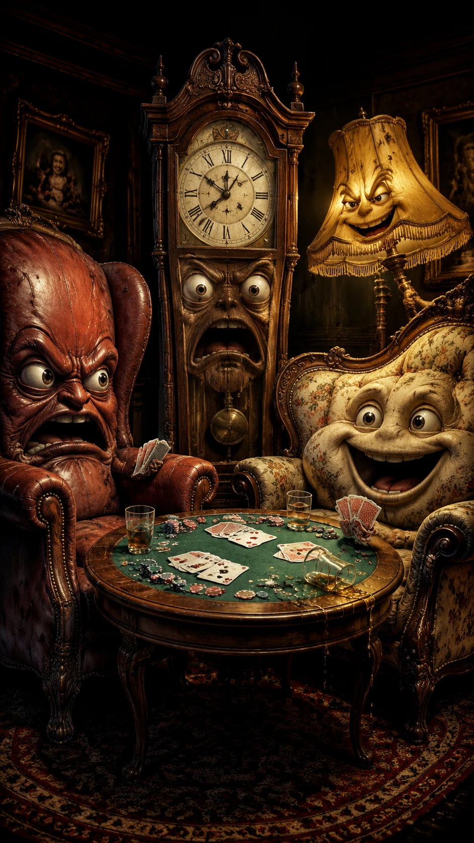 Anthropomorphic Antique Furniture Playing Poker At Card Table