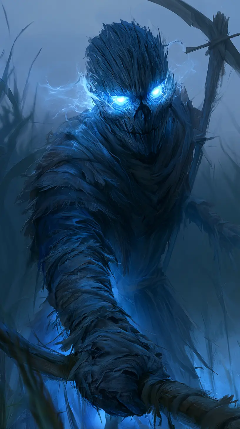 Menacing scarecrow creature in a misty twilight cornfield