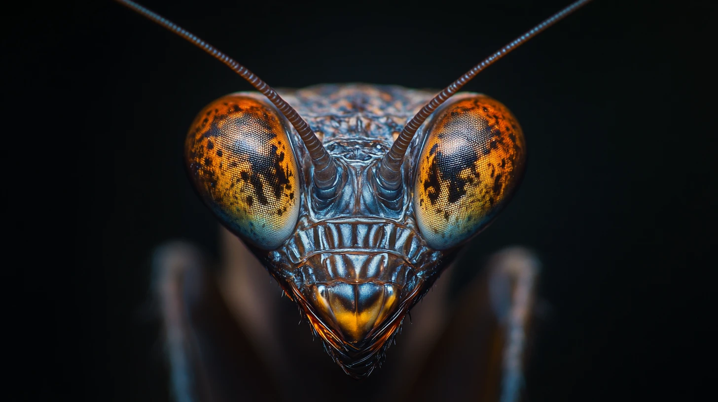 Macro close up of a praying mantis face in shadow