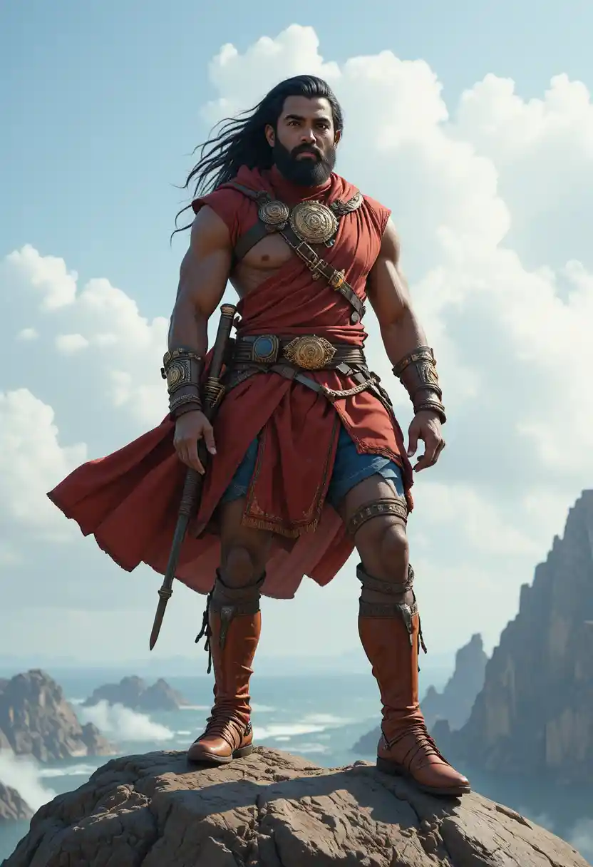 Warrior in red velvet on a high sea cliff at dawn