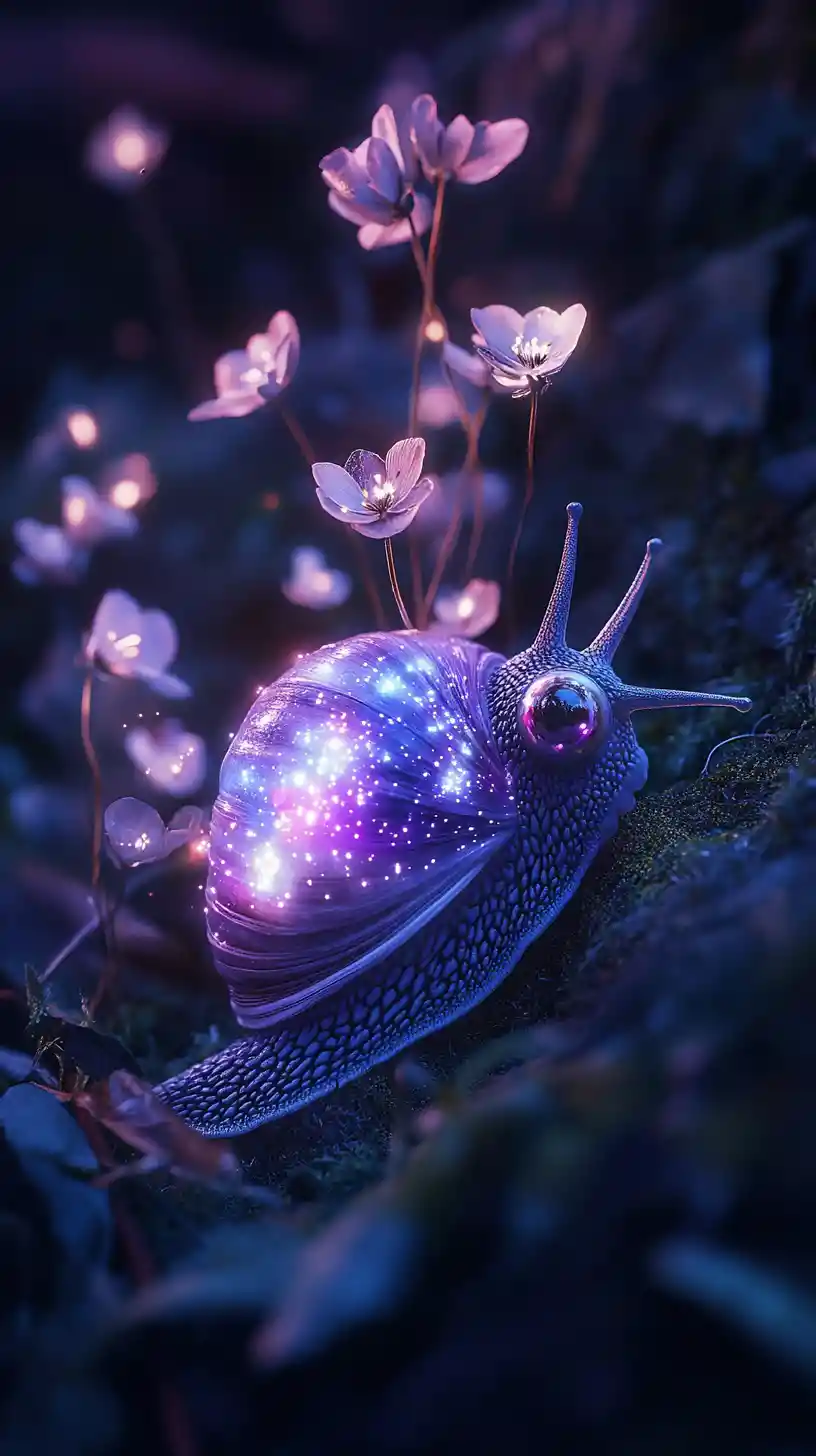 Small galaxy snail crawling across glowing forest mushrooms