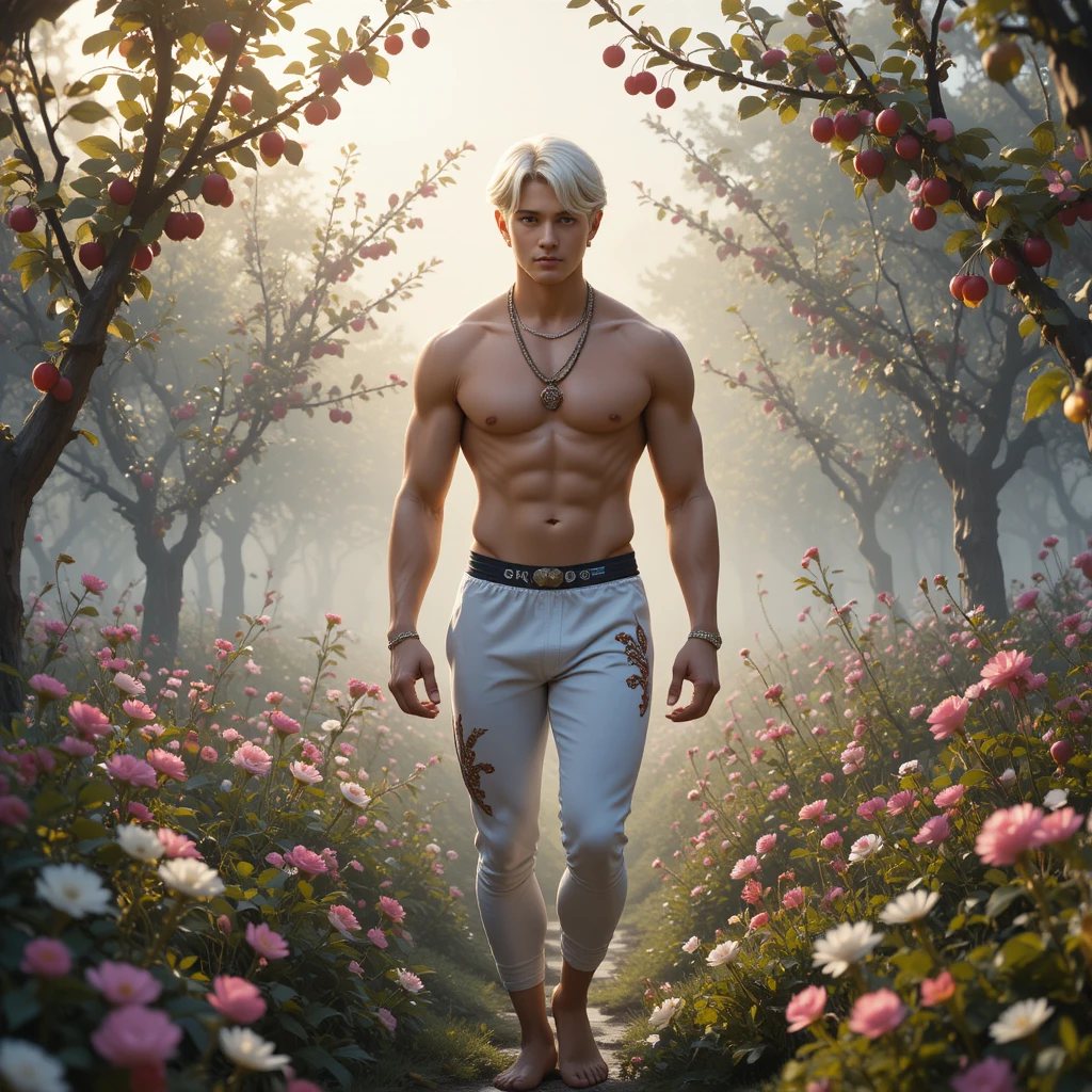 Muscular blond youth walking barefoot in a cherry forest