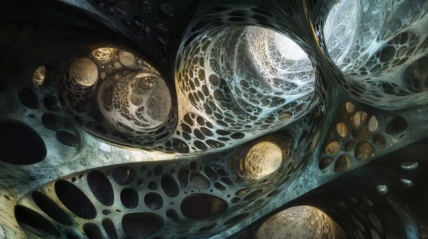 Layered organic corridors inside a glowing hive like structure