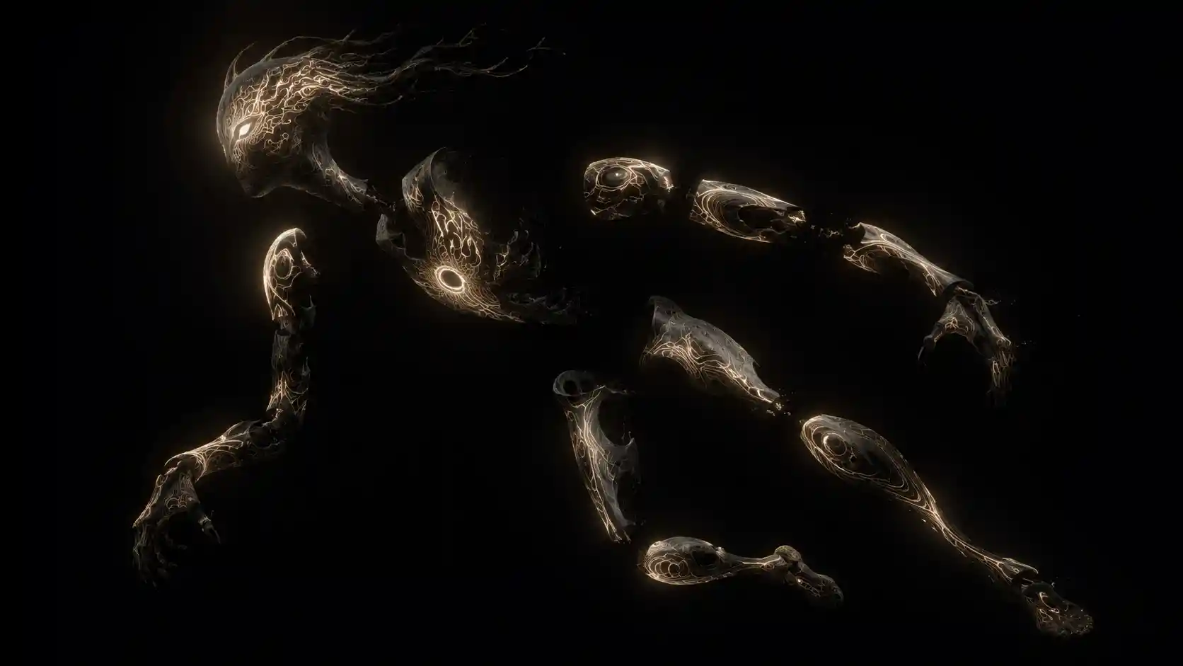 Surreal fragmented creature body glowing in dark void