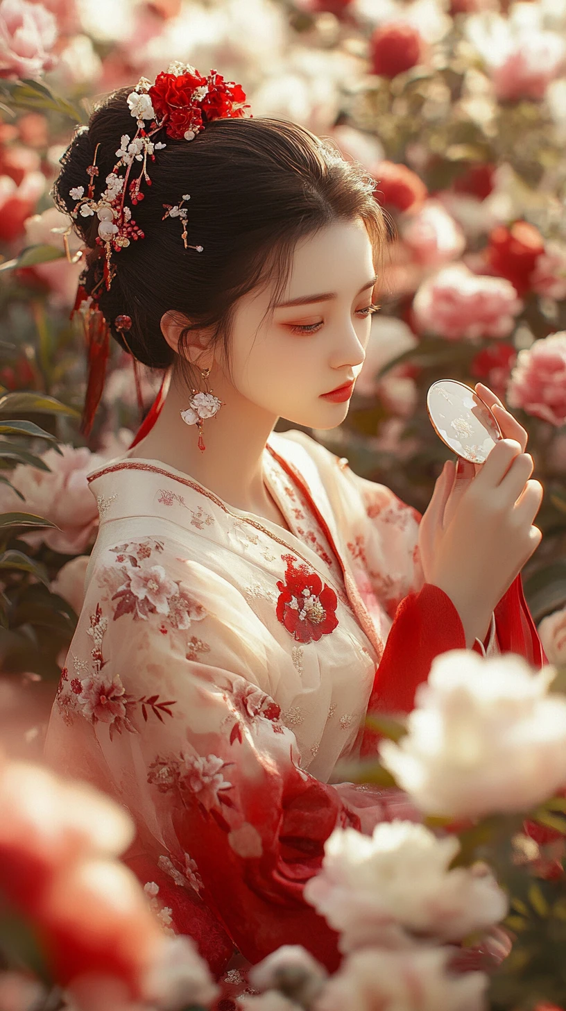Young woman in red hanfu among blooming peonies