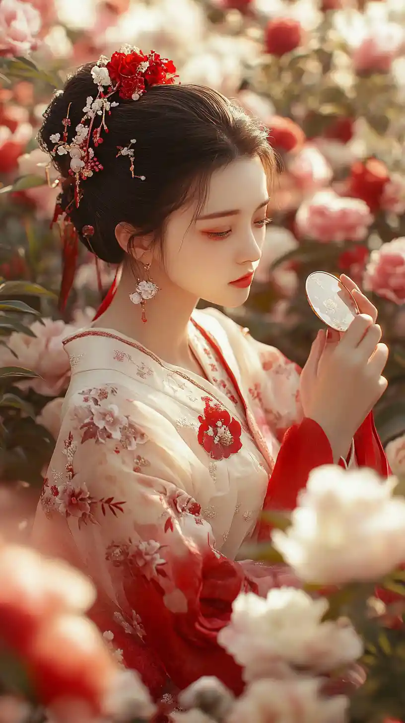 Young woman in red hanfu among blooming peonies
