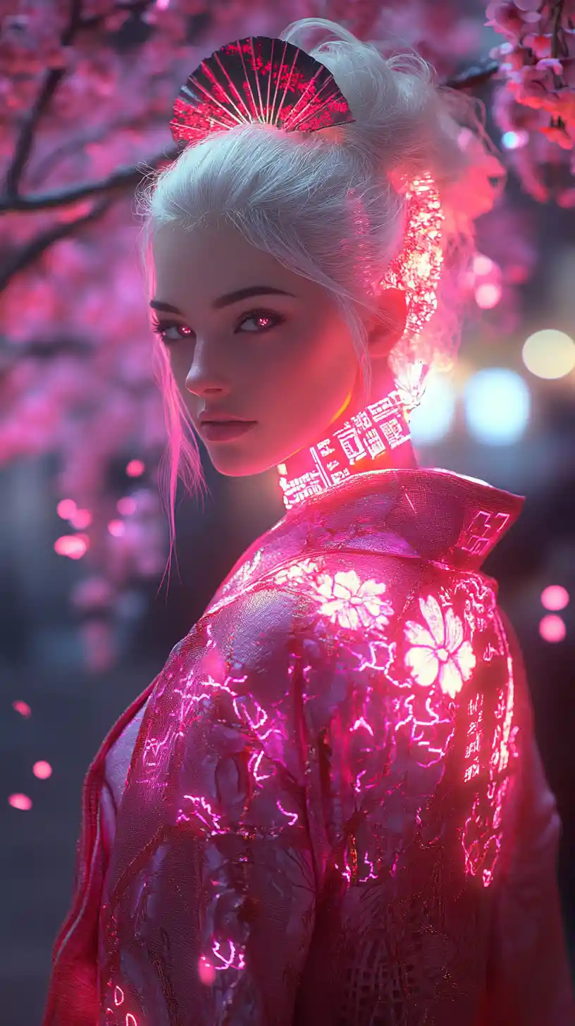 White haired woman in glowing cyberpunk cherry blossom kimono