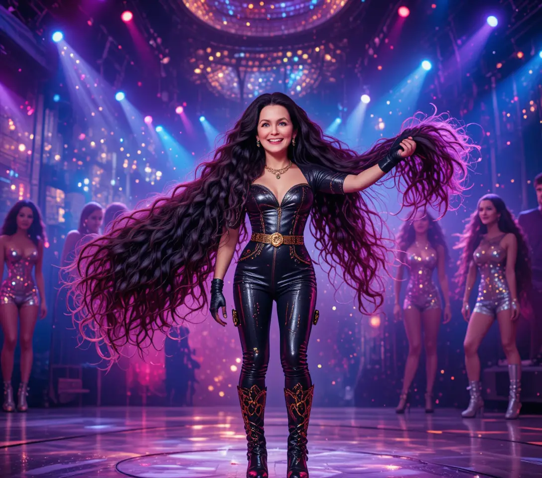 Woman with glittering long hair winning disco stage contest