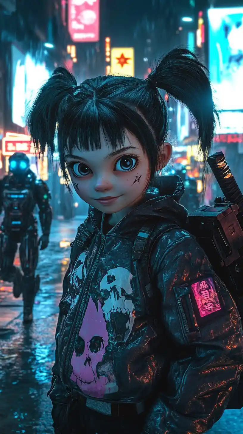 Punk anime girl with katana in neon cyberpunk street