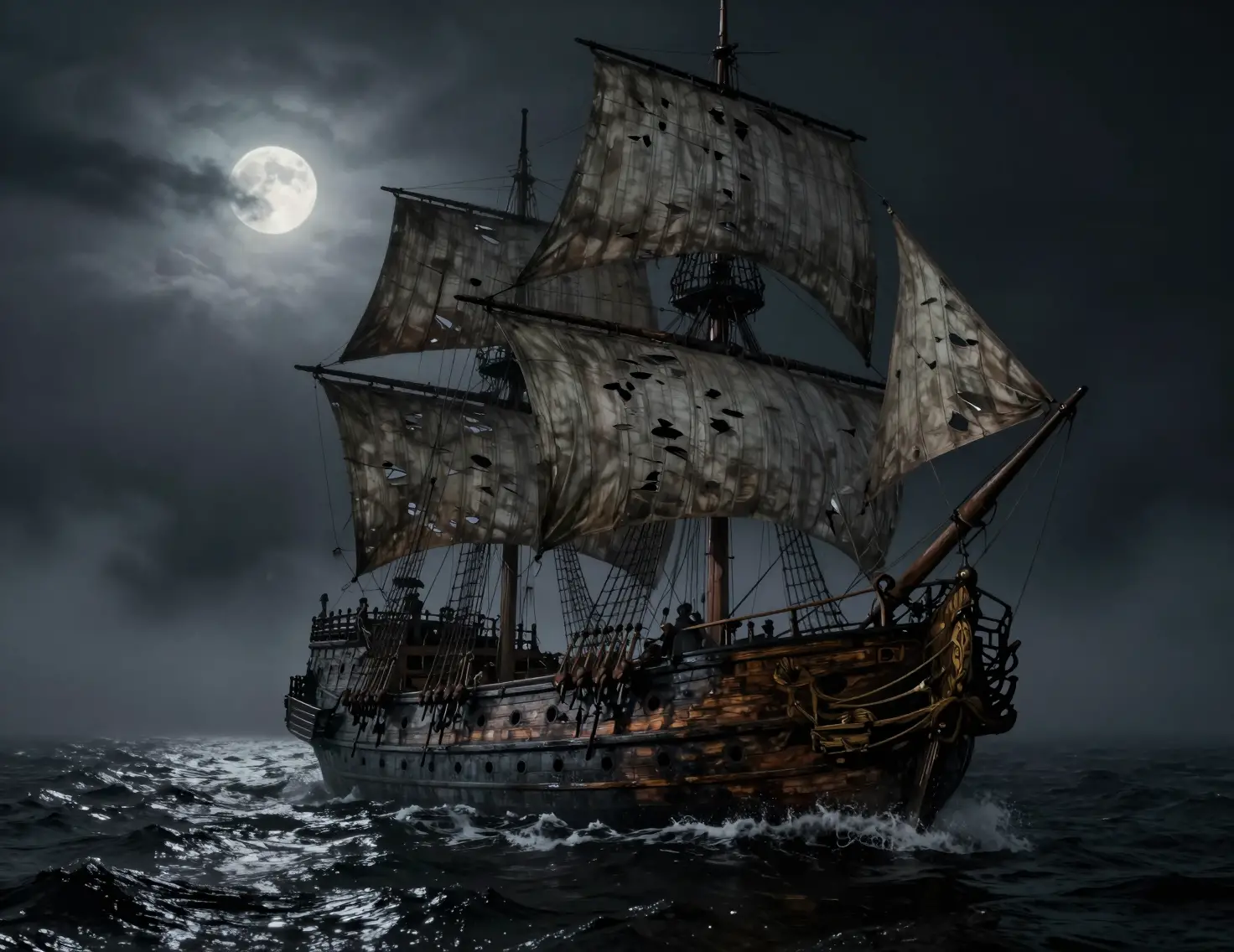 Ghostly victorian ship drifting through moonlit ocean fog
