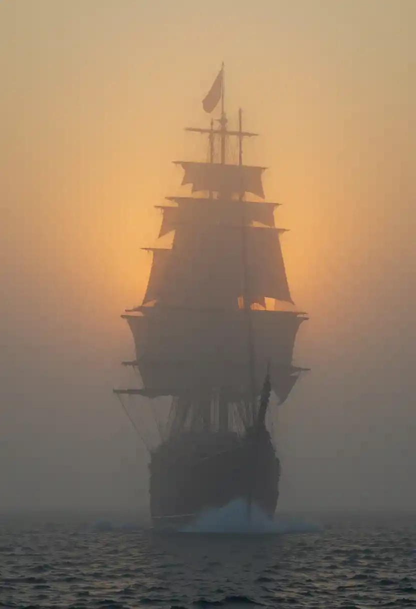 Tall sailing ship in foggy sunrise silhouette at sea
