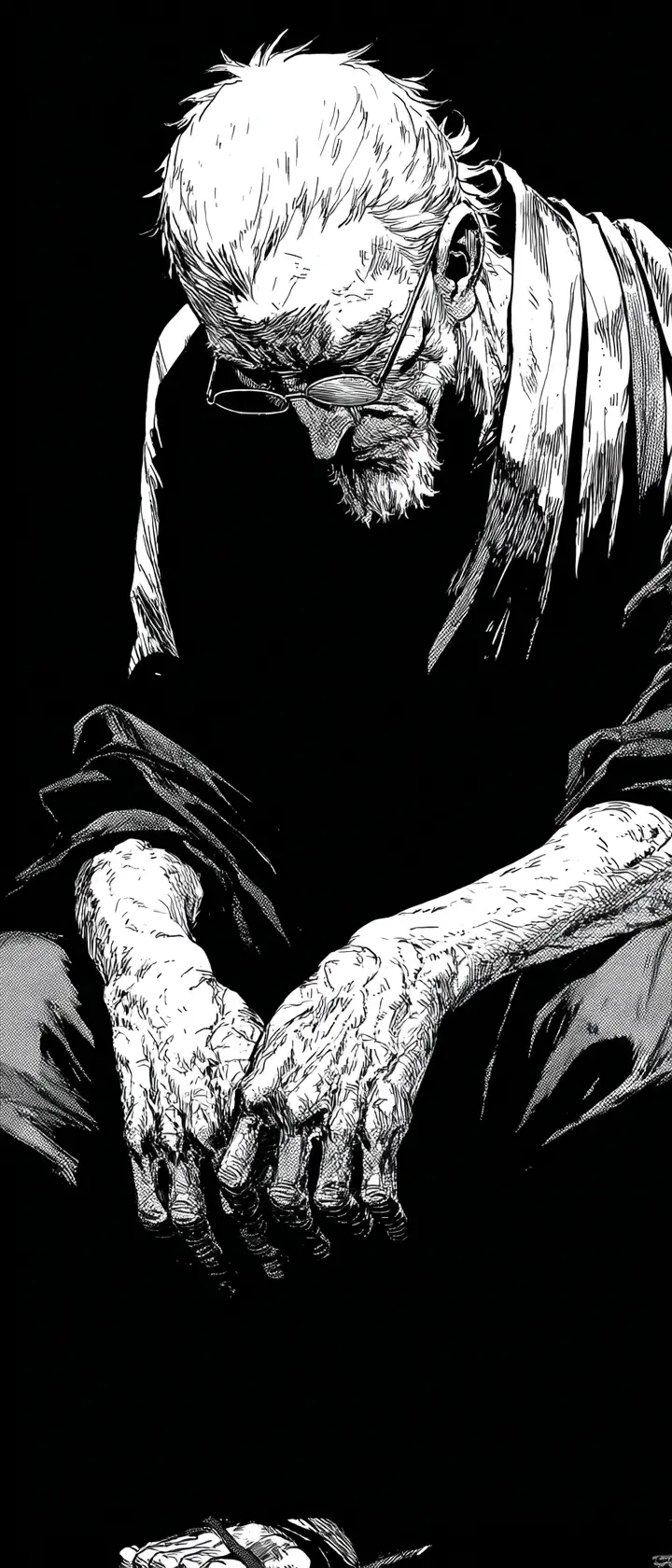 Black and white anime portrait of a weary older man