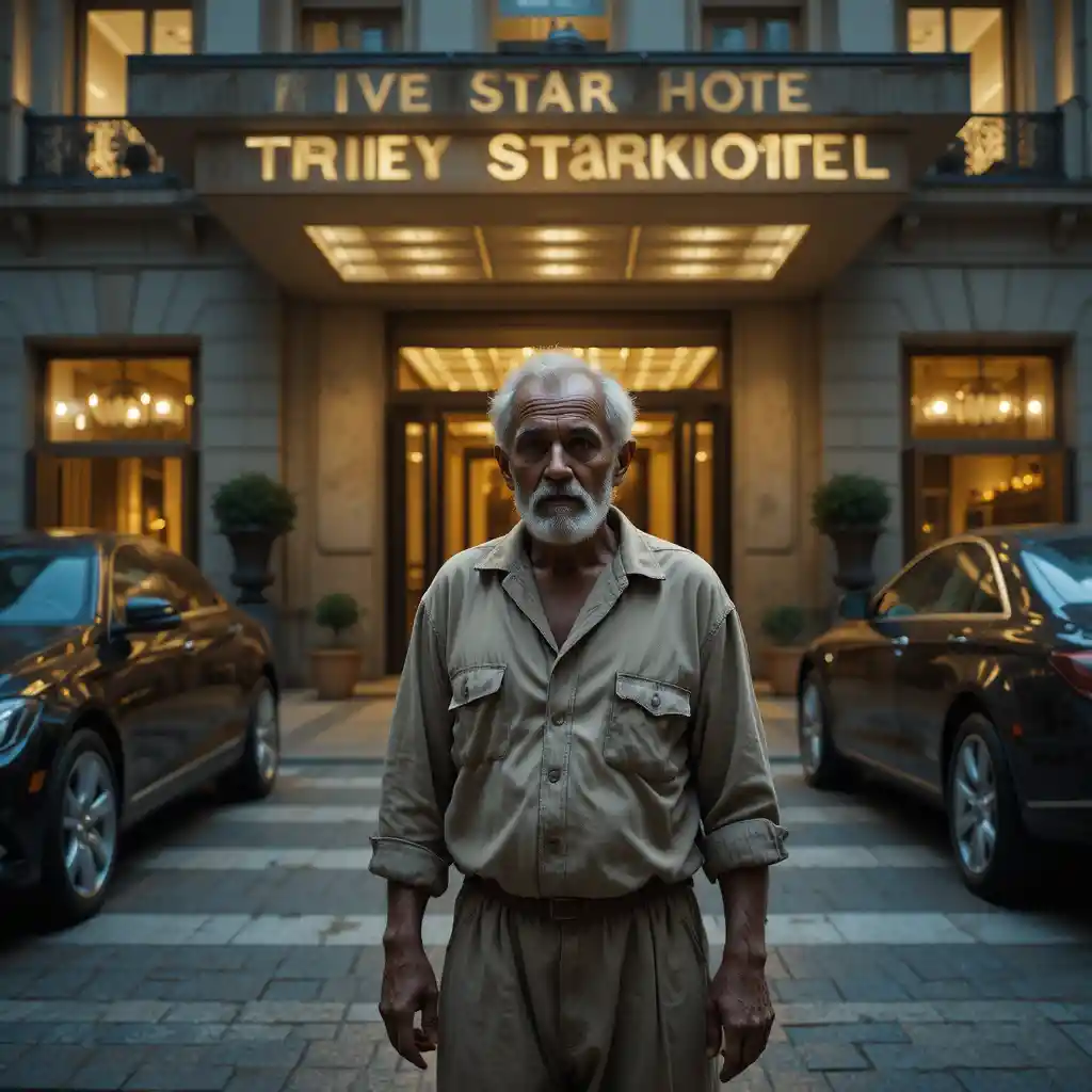 Poor man standing outside a luxurious five star hotel
