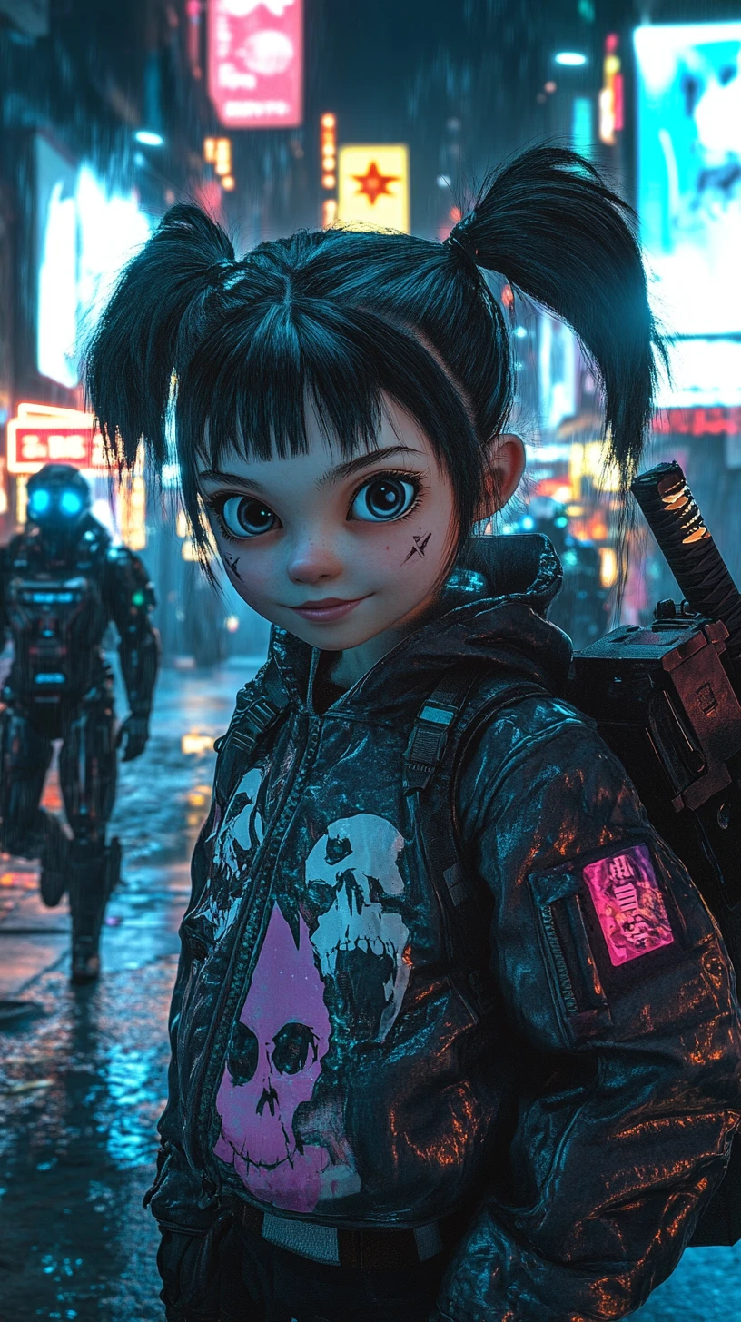 霓虹賽博龐克街道上的武士刀龐克動漫少女