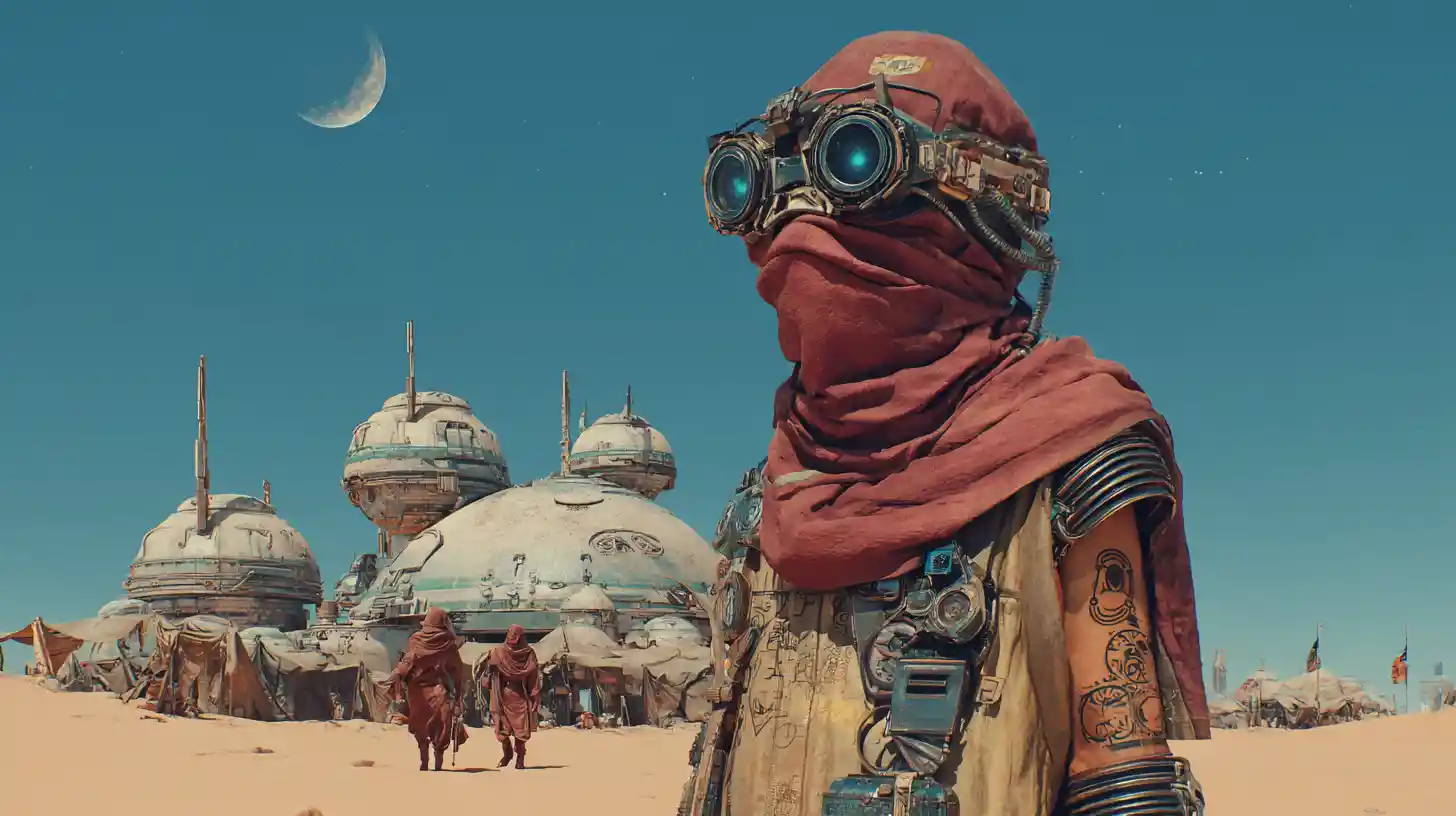 Guardian warrior standing in a vast desert with moon above