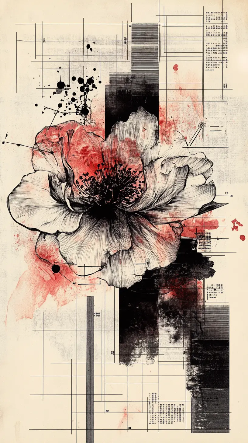 Botanical and facial hybrid diagram with expressive ink splashes