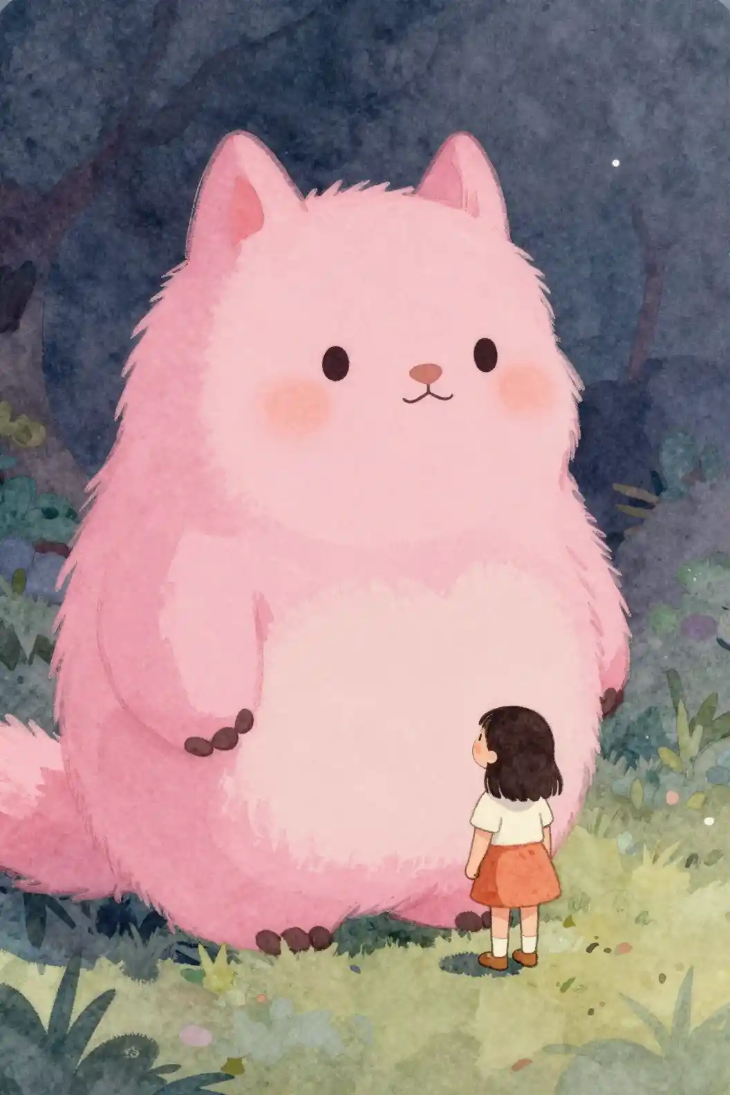 Illustrazione di bambina con enorme creatura rosa e soffice