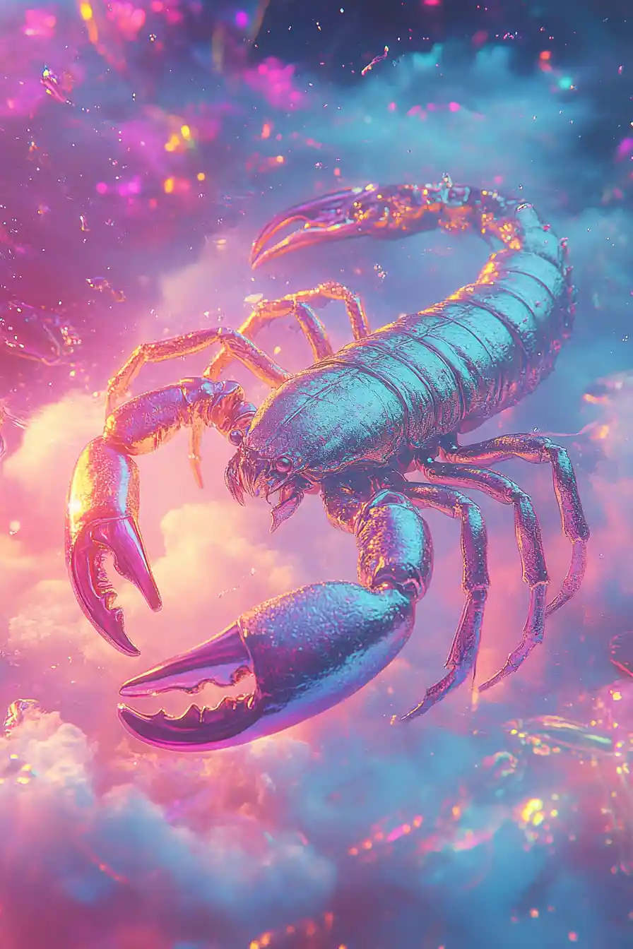 Ethereal metallic scorpion in neon pastel dream clouds