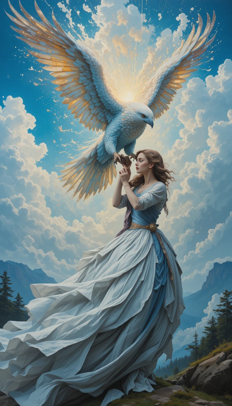 Young medieval woman with eagle in abstract close view