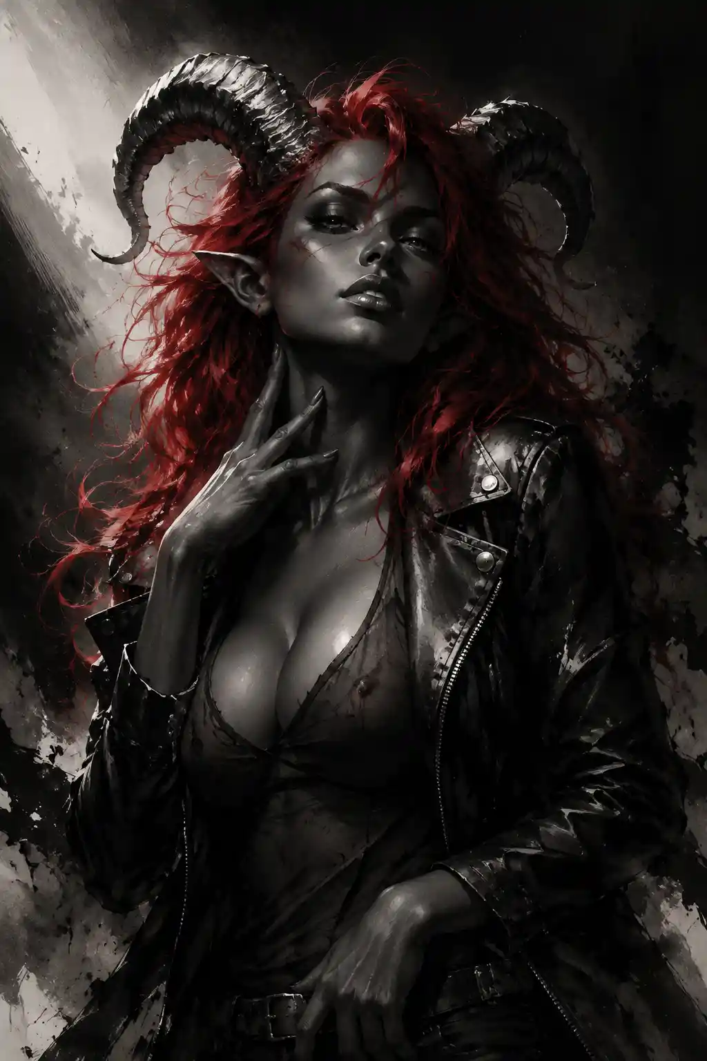 Chiaroscuro portrait of a horned succubus with flowing red hair