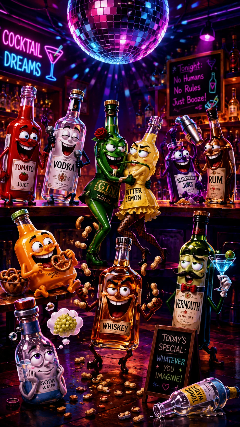 Botellas antropomórficas de fiesta en un bar nocturno iluminado con neón