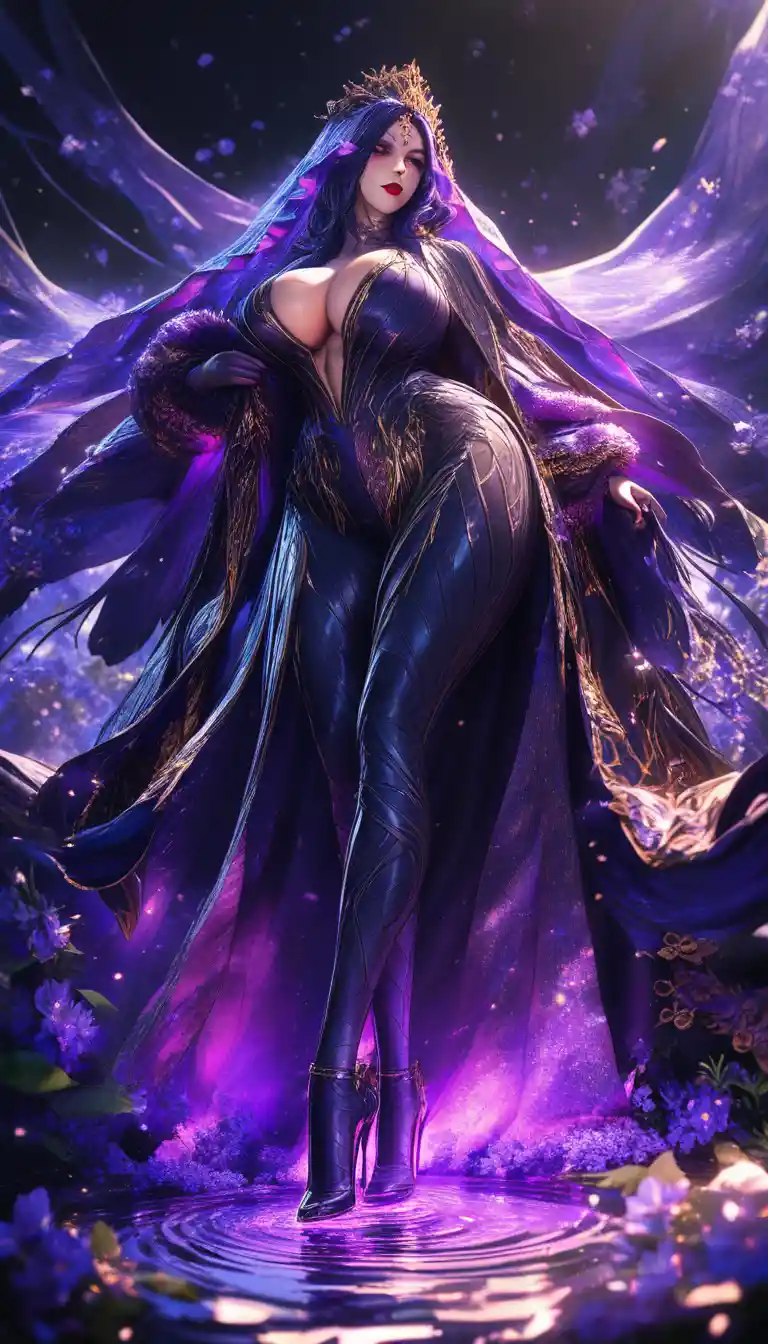 Seductive woman in lilac robes wading through water