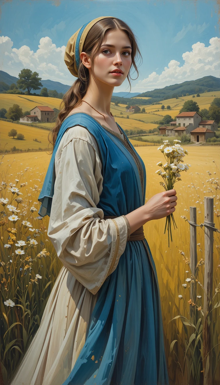 Medieval peasant girl close up with wildflowers in hand