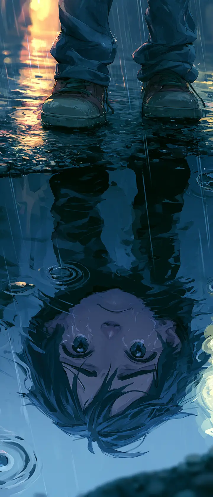 Traurige Anime-Reflexion in einer regennassen Stadtpfütze