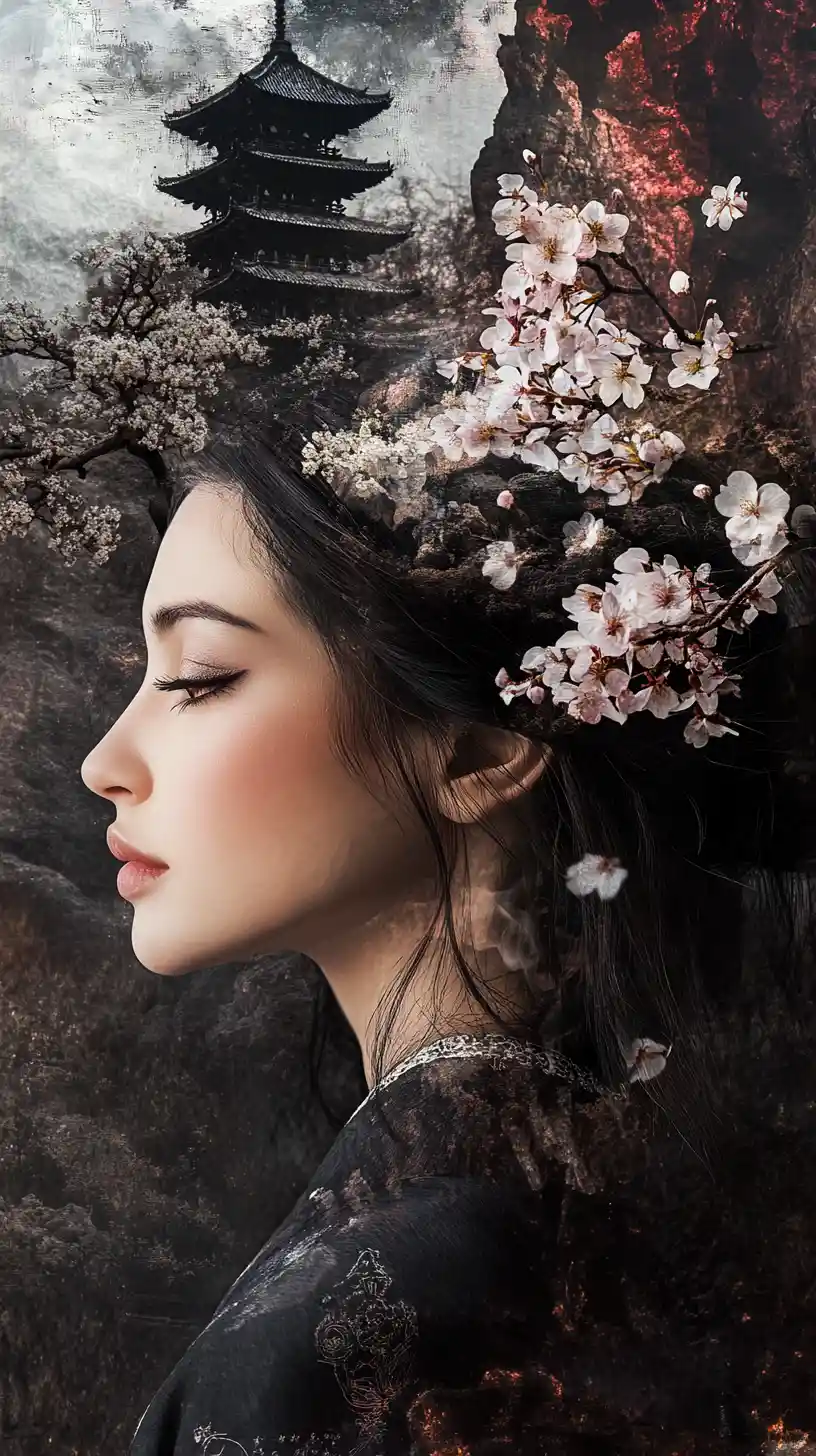 Surreal double exposure portrait of a girl and fantasy landscape