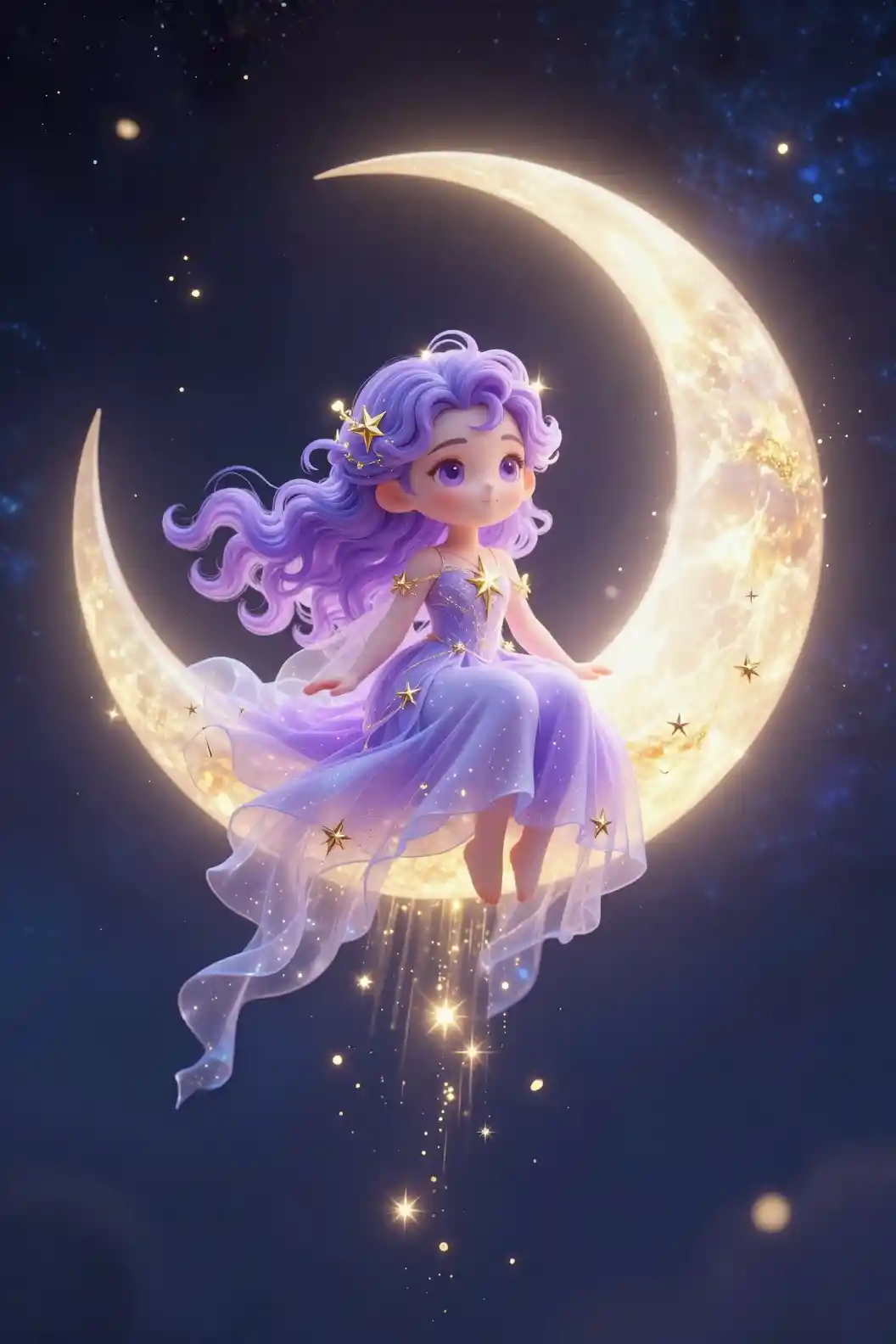 Chibi celestial fairy on a glowing crescent moon