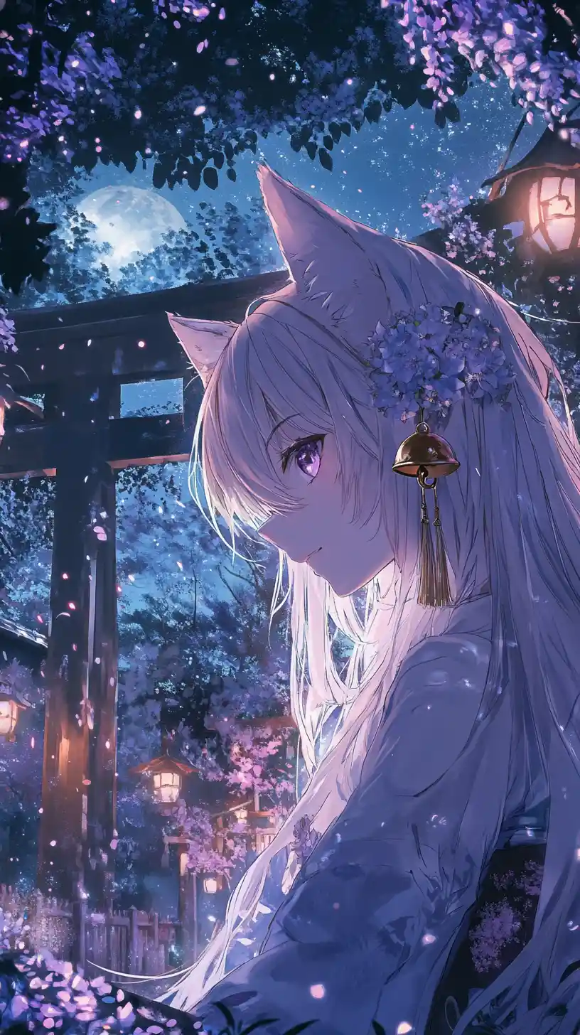 Close up anime cat girl portrait in soft moonlight