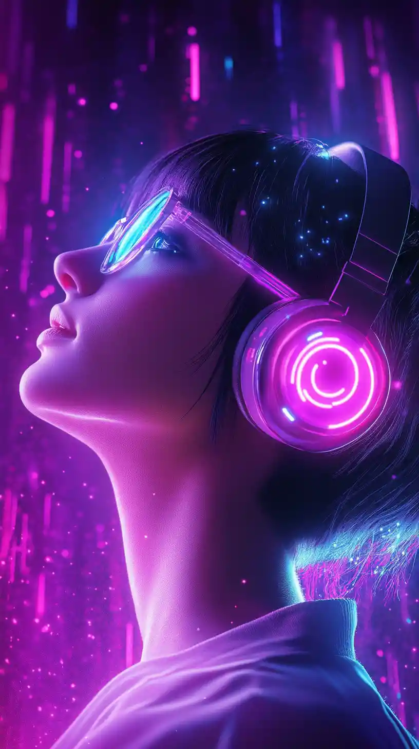 Young woman in neon headphones gazing into digital light