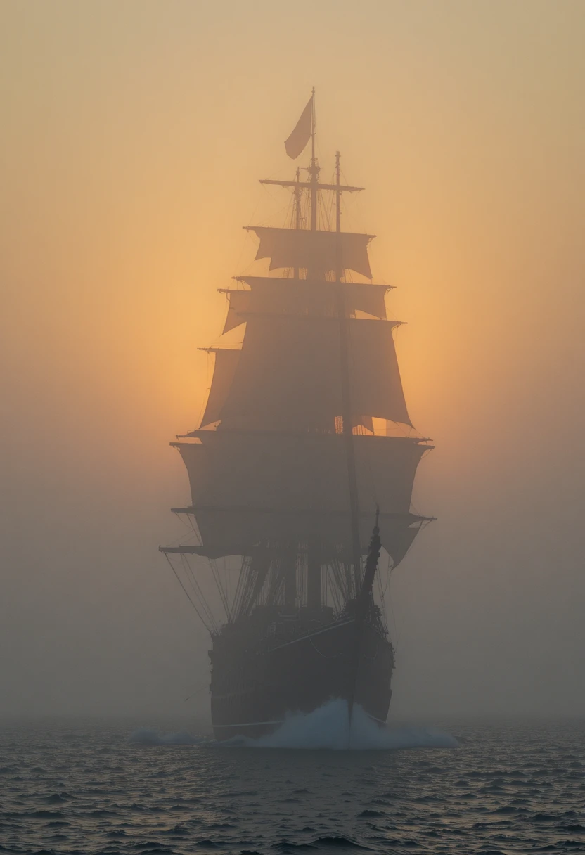 Tall sailing ship in foggy sunrise silhouette at sea
