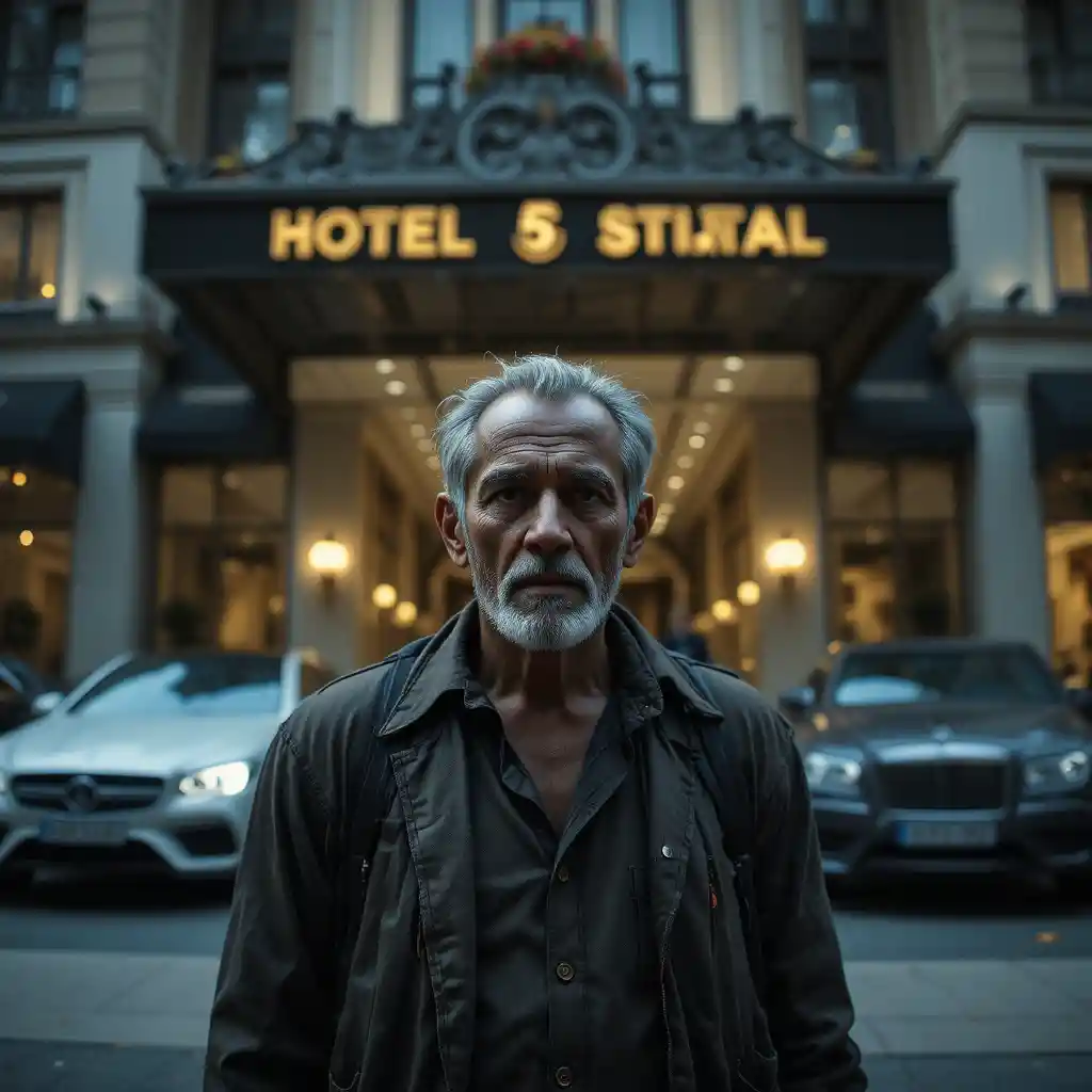 Poor man standing outside a luxurious five star hotel