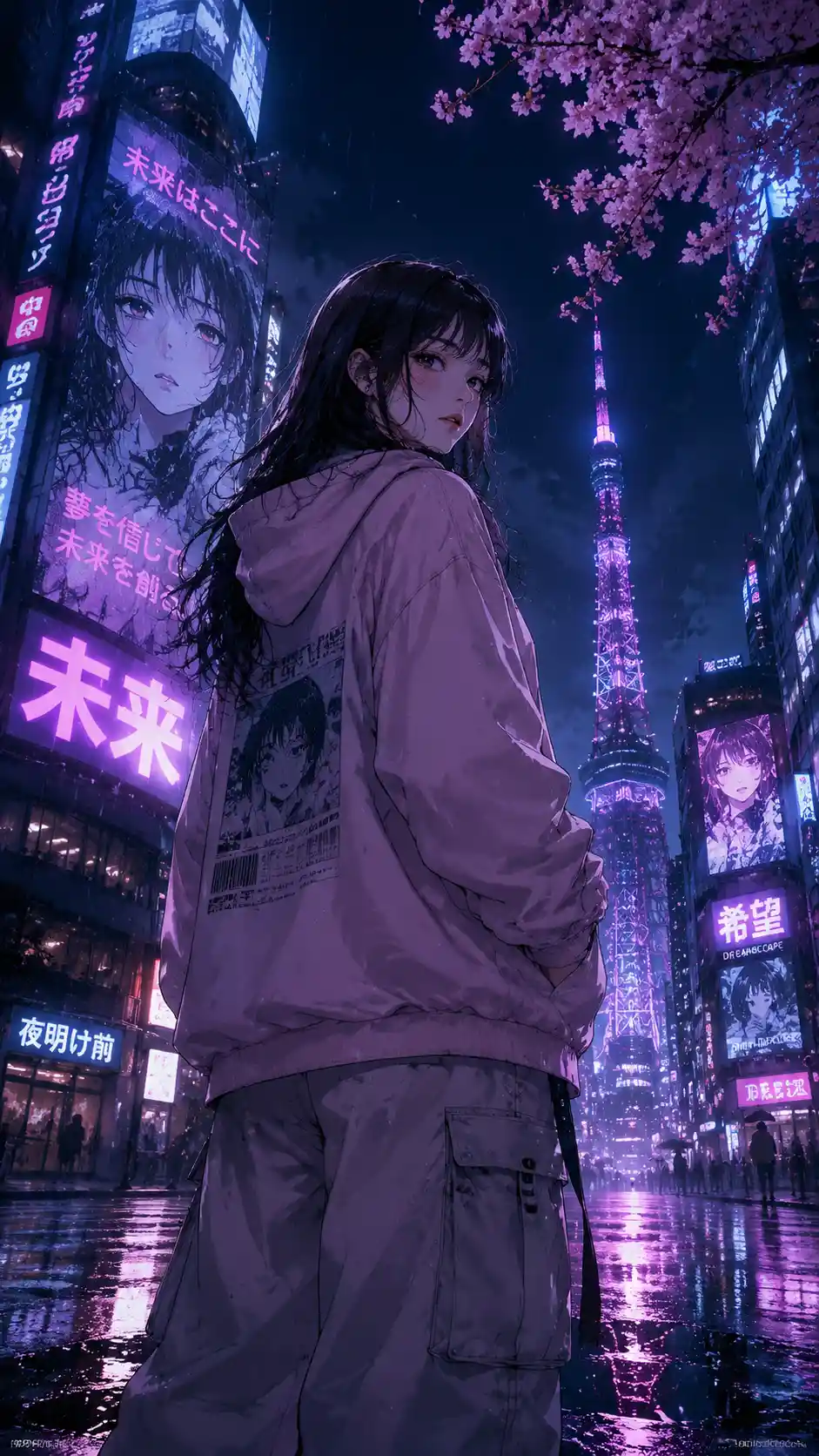 Anime girl in pink hoodie on rainy neon city street